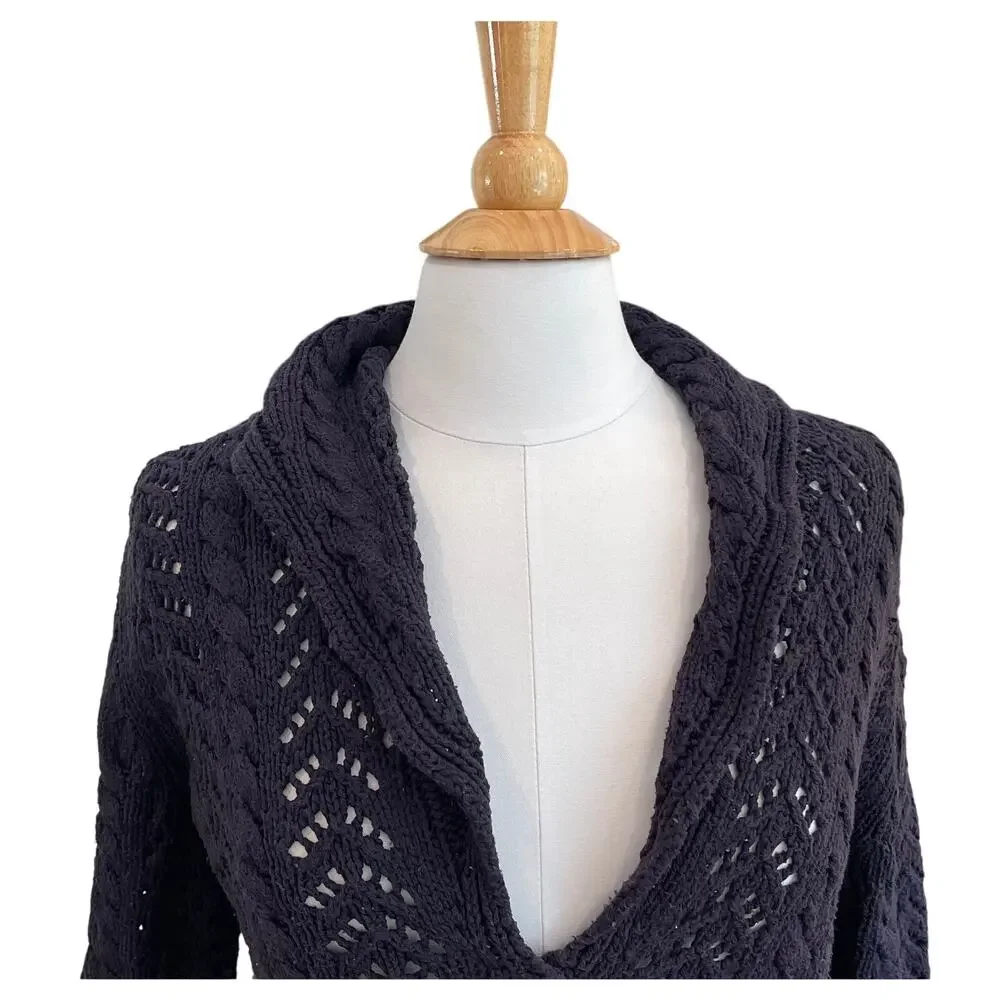 Lands' End Navy Blue Open Knit / Crochet Cardigan, Shawl Collar, V-Neck, Size LP